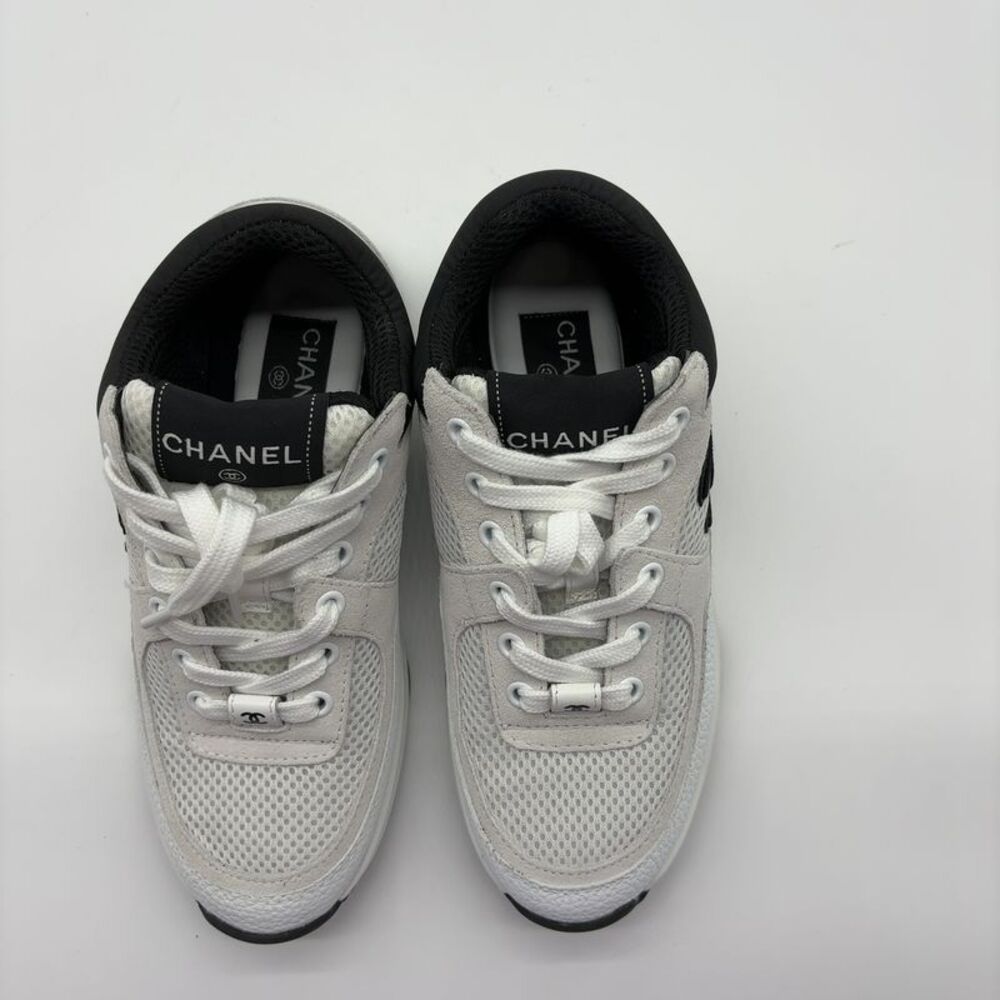 CHANEL White & Black Mesh Leather Sneakers for Women - Picture 7 of 9